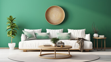 Boho chic living room white sofa with jade green wall, Stylish interior couch and table | Generative AI - obrazy, fototapety, plakaty