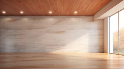 Modern empty room with wood ceiling and marble accent wall, Brightly lit interior with natural light | Generative AI - obrazy, fototapety, plakaty
