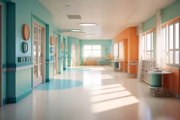 Fotobehang Long corridor in hospital with doors and reflections. Children's hospital concept © Canvas Alchemy
