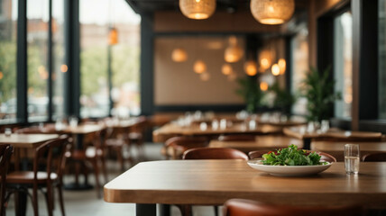 Fototapeta premium an empty table with a plate with food on a background of expensive and cozy bar, space for text
