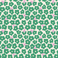 seamless vector pattern with green flowers and pink leaves on a beige background.