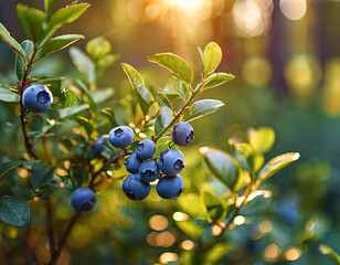 Blueberry bush with ripe berries on a sunny day in the forest, A branch with natural blueberries on a blurred background of a blueberry garden at golden hour
