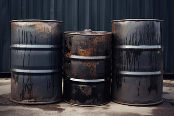 Front view of three black oil barrels - obrazy, fototapety, plakaty