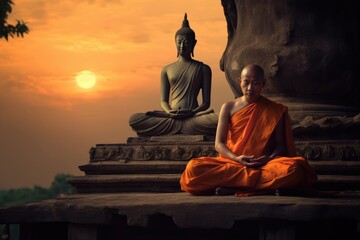 Monk in Meditation Alongside Buddha Statue