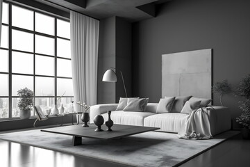 Modern minimalism style drawing-room interior with monochrome color palette