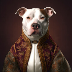 Realistic lifelike pitbull dog puppy in renaissance regal medieval noble royal outfits, commercial, editorial advertisement, surreal surrealism. 18th-century historical	
