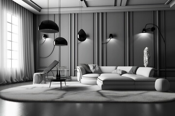 Modern minimalism style drawing-room interior with monochrome color palette