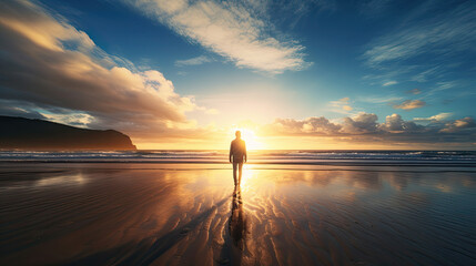 silhouette of person standing in front of sunset over the sea - Powered by Adobe