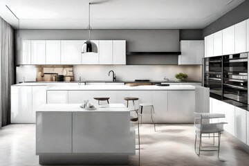 Fototapeta premium : Minimalist kitchen with a monochromatic color scheme, high-gloss cabinets, and a clean design.
