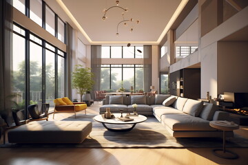 Modern minimalism style drawing-room interior with big windows and lot of light