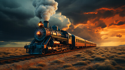 Vintage steam train on the railroad at sunset