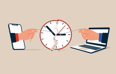 Pull minute and hour hand to break the clock. Effort to manage time for multiple projects. Vector illustration