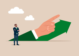 Businessman and  big hand with pointing finger direction for successful. Confident handsome young man. Flat vector illustration