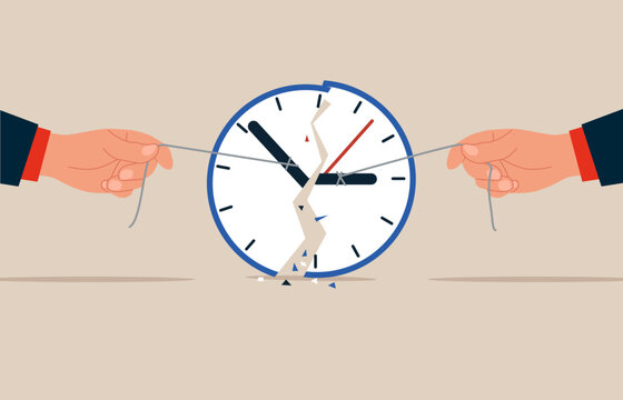 Work deadline or time management. Pull minute and hour hand to break the clock. Flat vector illustration