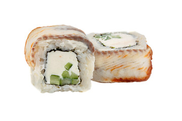 Sushi closeup isolated on white background. Sushi roll with white fish, eel, rice, Philadelphia cheese and cucumber. Japanese restaurant menu.
