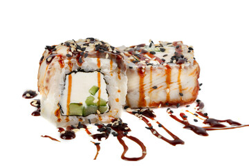 Sushi closeup isolated on white background. Sushi roll with graham rice, Philadelphia cheese and celery topped with soy sauce. Japanese restaurant menu.