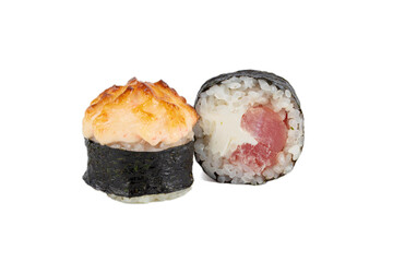 Sushi closeup isolated on white background. Sushi baked with seaweed nori with tuna rice and Philadelphia cheese.