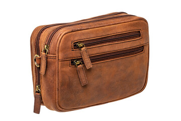 Leather handbag isolated. Close-up of brown businessman luxury leather wrist handbag. Clipping Path. Fashionable brown leather briefcase or bag for men. - obrazy, fototapety, plakaty