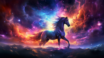 Obraz na płótnie Canvas A beautiful horse with a very strong build in nature, the multicolored aurora borealis in the background. Horses concept. AI generated.