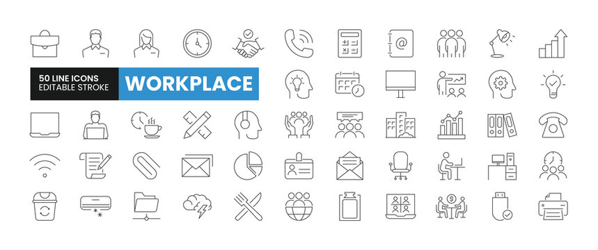 Set of 50 Office or Workspace line icons set. Office or Workspace outline icons with editable stroke collection. Includes Office, Clock, Manager, Meeting, Printer and More.