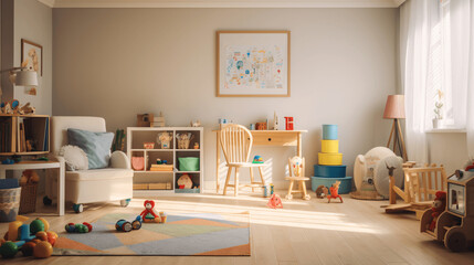 Interior of child room with wooden furniture and toys.