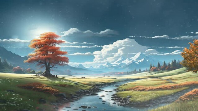 Change of seasons from summer to winter, cartoon or anime illustration style video background