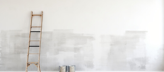 Painting wall white in room of a apartment after relocation with ladder and paint bucket - obrazy, fototapety, plakaty