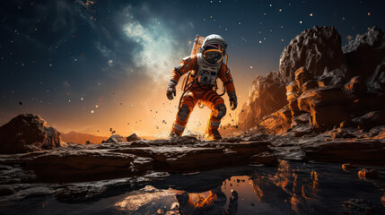 Astronaut standing with reflection in water somewhere in space with sky
