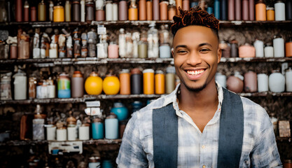 Black male smiling in a shop - Generative AI