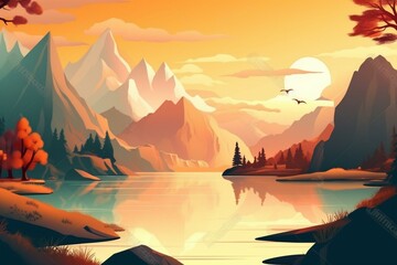 Illustration of a scenic mountain landscape with a lake. Generative AI