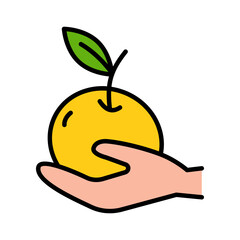 Apple in hand icon, Diet concept, fresh healthy fruit sign on white background, Hand giving apple icon, mobile concept web design