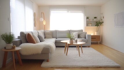 Living room decor, home interior design . Scandinavian Minimalist style with Large Window decorated with Light Wood and White material . Generative AI AIG26.