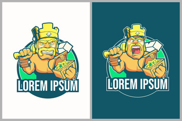 Funny king with treasure chest cartoon character vector logo template