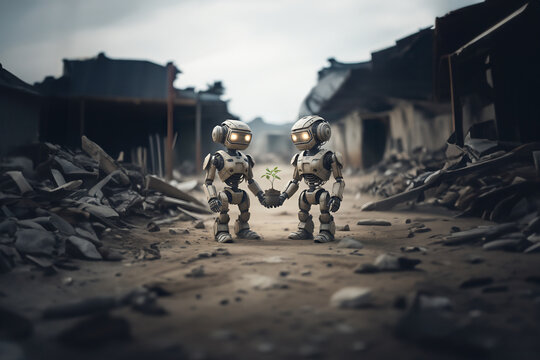 Two AI humanoid robots hold a small plant in their hands in a post-apocalyptic world without people.  New hope
