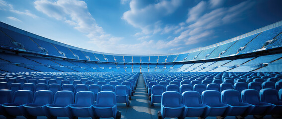 blue tribunes. seats of tribune on sport stadium. empty outdoor arena. concept of fans. chairs for audience. cultural environment concept. color and symmetry - obrazy, fototapety, plakaty