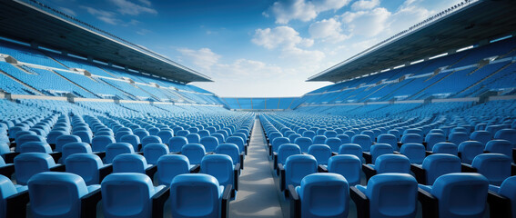 blue tribunes. seats of tribune on sport stadium. empty outdoor arena. concept of fans. chairs for...