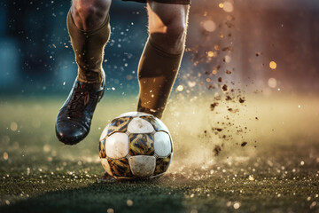 Soccer player kicking ball for a goal on stadium,training footballer kick the soccer.