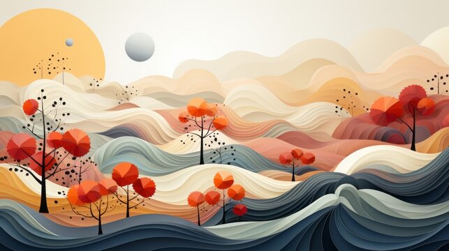 A whimsical painting captures the untamed beauty of coastal landscape, with cartoon-like trees swaying in the breeze and waves crashing against the shore, rendered in bold and expressive illustration