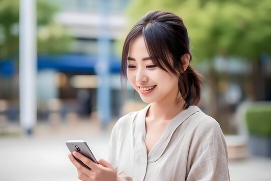 Beautiful Japanese woman tapping on a smartphone with copy space - Powered by Adobe