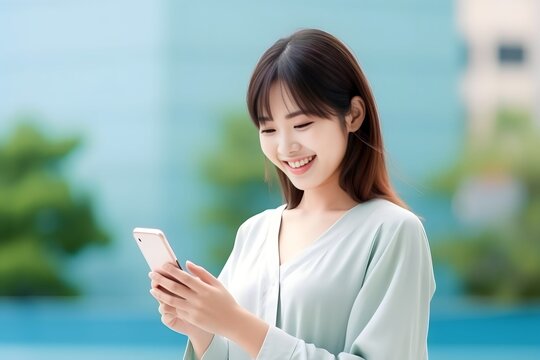 Beautiful Japanese woman tapping on a smartphone with copy space