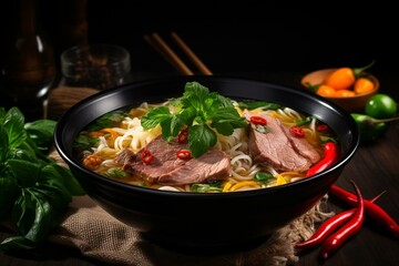 Delicious Vietnamese soup with beef and rice noodles on a dark background. Generative AI