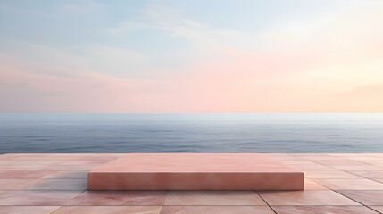 Square Stone Podium in blush Colors in front of a blurred Seascape. Luxury Backdrop for Product Presentation