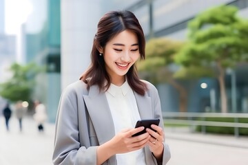 Beautiful Japanese woman tapping on a smartphone with copy space