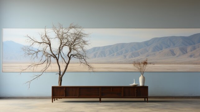 An indoor tree stands tall, its branches reaching for sky while breathtaking landscape painting adorns wall, creating fusion of outdoor and indoor elements that transports one to peaceful mountain