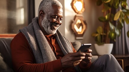 Digital Connection for Mature Generations - Mature Male Engaging with Online News and Messaging on His Phone in a Cozy Home Setting