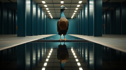 A magnificent peacock gracefully perches on a shimmering canvas, embodying the essence of beauty and self-reflection in a captivating work of art - obrazy, fototapety, plakaty