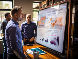 group of businesspeople stand at a digital whiteboard with chart with horizontal bars, planning a technology project Generative AI	
