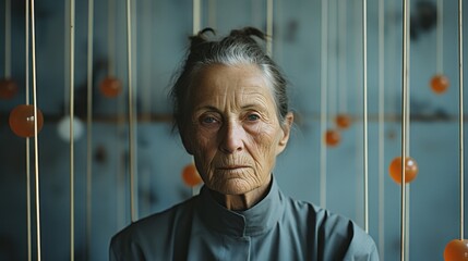 A stoic woman with wispy grey hair tied up in a bun stares intently at the camera, her wrinkled face telling a story of a lifetime of experience and grace, dressed in elegant yet simple clothing - obrazy, fototapety, plakaty
