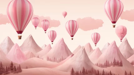 Rolgordijnen Bergen A playful pink aerostat dances amongst the clouds, painting the sky with a whimsical display of freedom and adventure over majestic mountain peaks