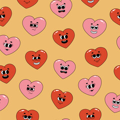 Seamless pattern of groovy hippie hearts. Cartoon characters in trendy retro style on yellow background